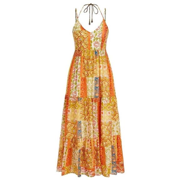 NWT Cider Woven V-Neck Halter Floral Patch Maxi Dress Sz 6 - Picture 5 of 9